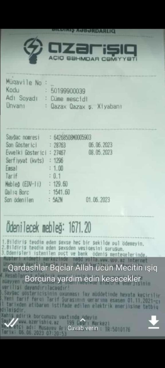 Qazax şəhəri Cümə məscidinin ''Azərişıq"a borcuüzə çıxdı (FOTO)